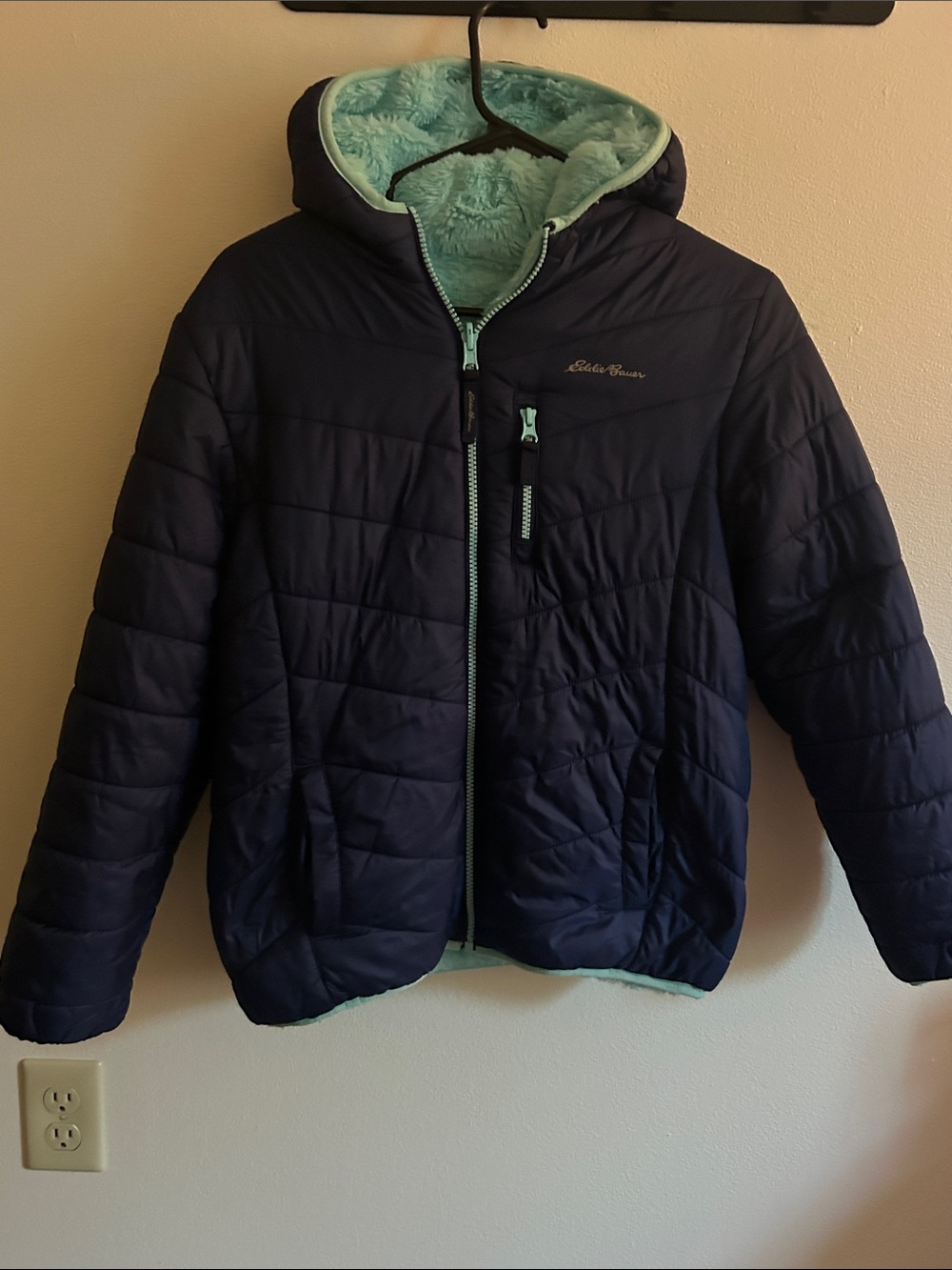 Eddie Bauer Girl Deer Harbor L Navy/Teal Fleece Hoodie Reversible Puffer Jacket